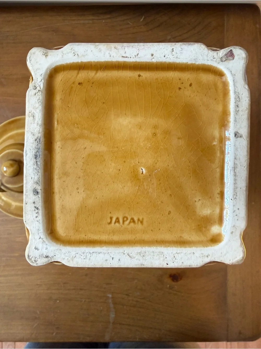 Vintage 1970s Marigold Ceramic pot-belly stove Canister with Fruit and Tea Motif